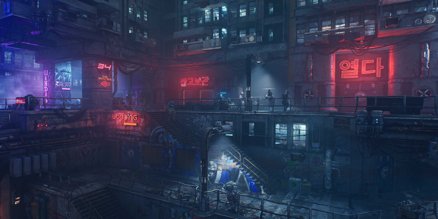 A PlayStation 5 screenshot of a cityscape from Neon Giant's The Ascent
